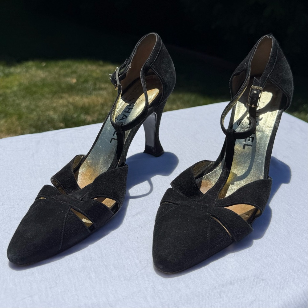 CHANEL Black Suede T-Strap Heels - PRICE DROP!
